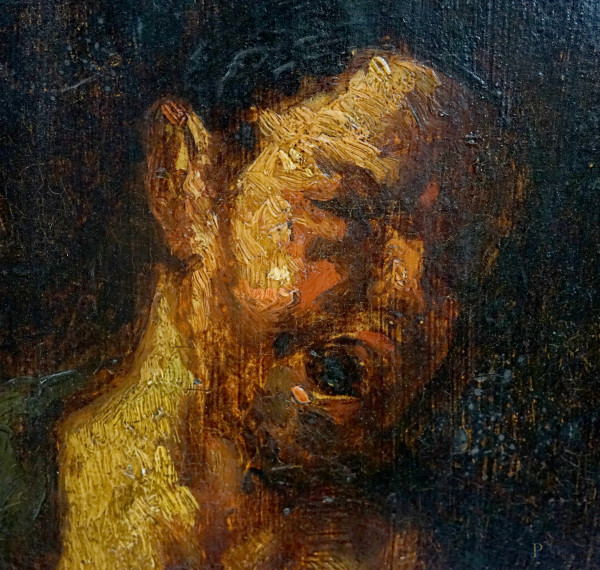 Pittore del XIX secolo, Ritratto di filosofo - Catone, olio su tavola, cm 11x23,5, (difetti)