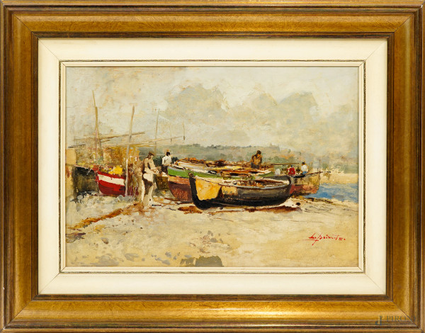 Ezelino Briante (1901-1971), Scorcio con imbarcazioni e figure, olio su cartone, cm 34,5x49,5, firmato  [..]