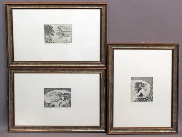 Lotto composto da tre litografie a soggetti femminili, cm 50 x 35, entro cornici.