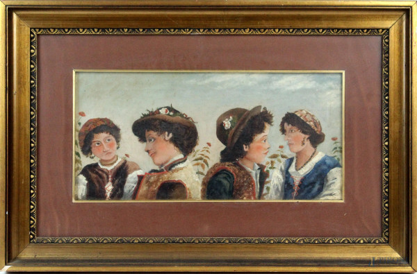 Quattro volti di fanciulli, olio su tela, cm 19,5x39,5, prima metà XX secolo, entro cornice