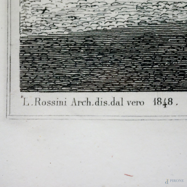Veduta di via Condotti, da un'incisione di Luigi Rossini (Ravenna, 1790 – Roma, 1857), cm 51x41, ...