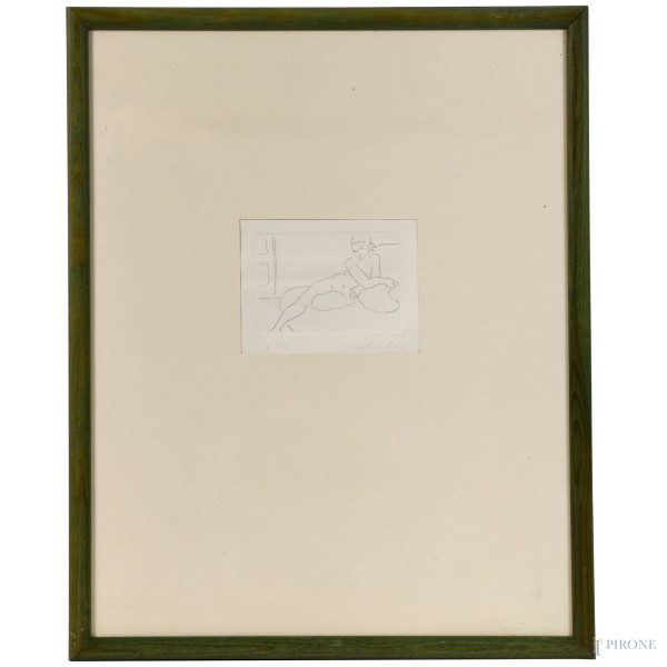 Aldo Salvadori (1905-2002), Nudo disteso, acquaforte, es 3/12, cm 49x39 compreso passepartout, firmato in basso a destra, entro cornice