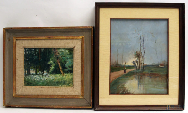 Paesaggi boschivi, Coppia dipinti ad olio su cartone, cm 32x 25 e cm 22x17, entro cornice