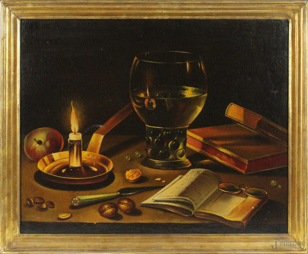 Natura morta con libri e candela, olio su tela, cm. 40x50, entro cornice.
