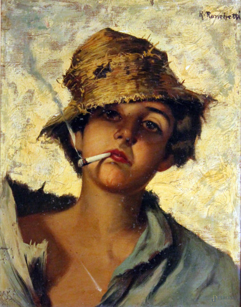 Figura di giovane con sigaretta, olio su tela, cm 49x39, entro cornice firmato R.Ronchetti.