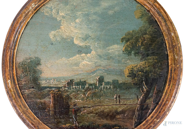 Sei piccoli dipinti tondi raffiguranti paesaggi, olio su tavola, XIX secolo, diametro tot. cm 18....