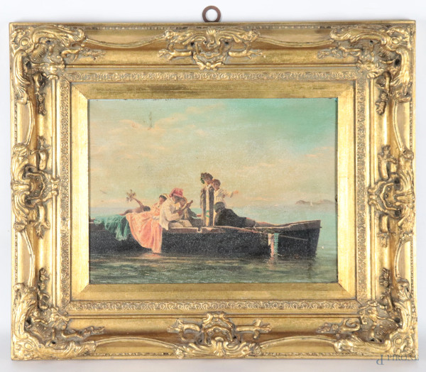 Piccola serenata, XX secolo, olio su tavoletta, cm 29x29, entro cornice, (segni di usura, sollevamenti e cadute di colore, difetti)