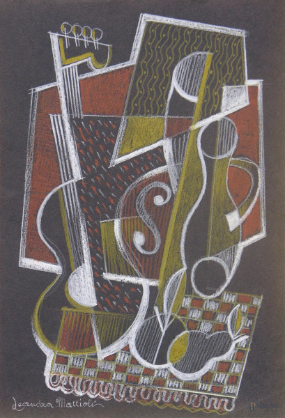 Leandra Mattioli - Natura morta con frutta e strumenti musicali, composizione cubo-futurista a matite grasse su carta, cm 21x30, firmato, entro cornice 
