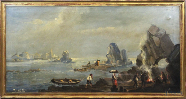 Marina con imbarcazioni e figure, olio su tela, cm 60x120, firmato, entro cornice, (difetti)