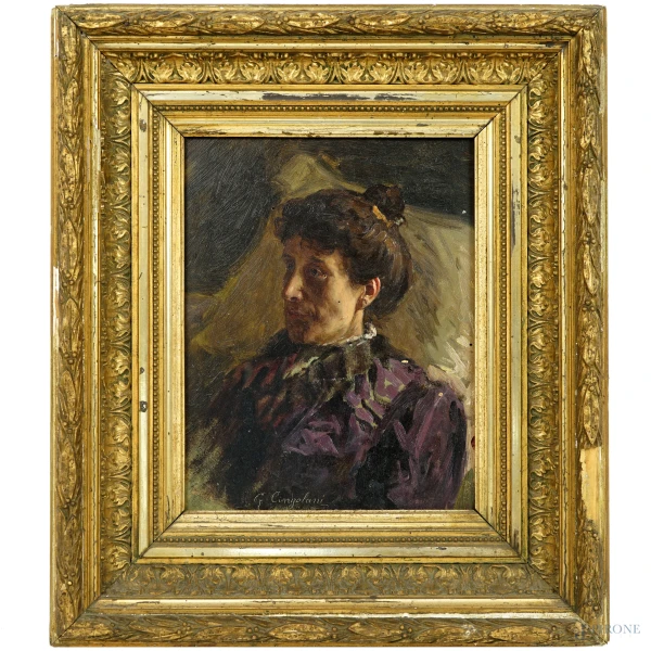 Ritratto femminile, olio su tavola, cm 28x21,5, firmato G. Cingolani, entro cornice