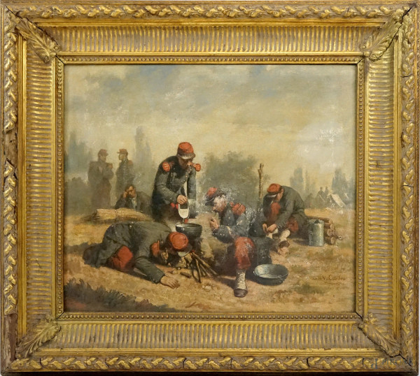 Soldati a riposo , olio su tela, cm 56x66, firmato Combes, entro cornice