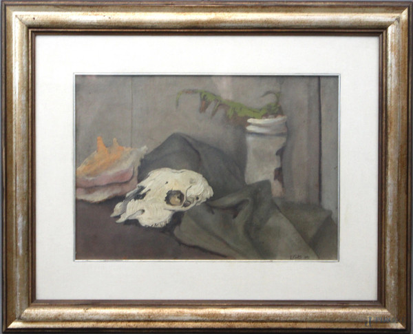 Emilio Contini - Natura morta con teschio di cane, olio su cartone, cm. 50x35, entro cornice.