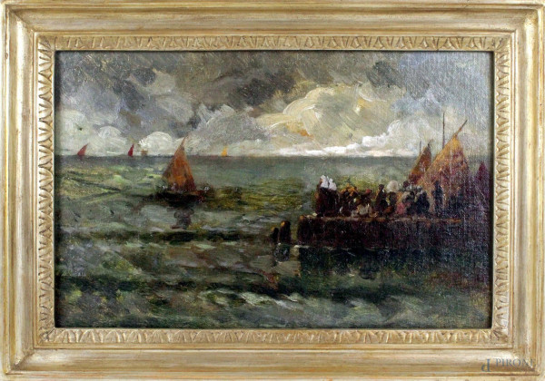 Beppe Ciardi - (Attribuito), Marina con imbarcazioni, olio su tela, cm. 25x38,5, entro cornice.