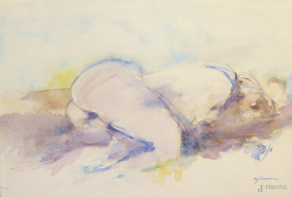 Giuseppe Ajmone, Nudo, disegno ad acquarello su carta, cm 35x48, entro cornice.