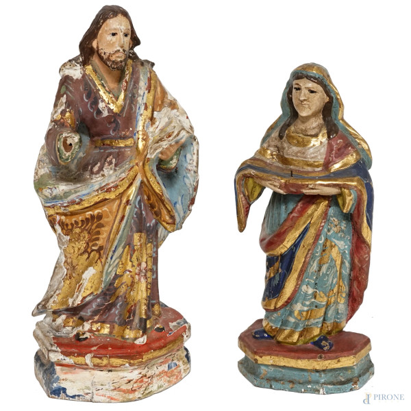 Lotto composto da due sculture da presepe in legno policromo e occhi in vetro, sec. XIX-XX, alt. cm 25, (difetti e mancanze)