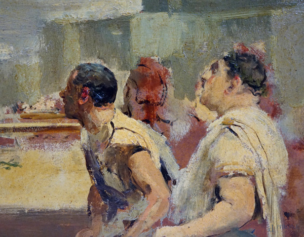 Artista del XIX-XX secolo, Morte di Cesare, olio su tela, cm 34,2x80, entro cornice