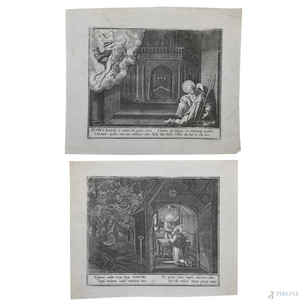 Lotto di due incisioni da Oraculum Anachoreticum, XVIII secolo, cm 20x24, (segni di usura, gore, foxing, increspature della carta, tracce di piegatura)