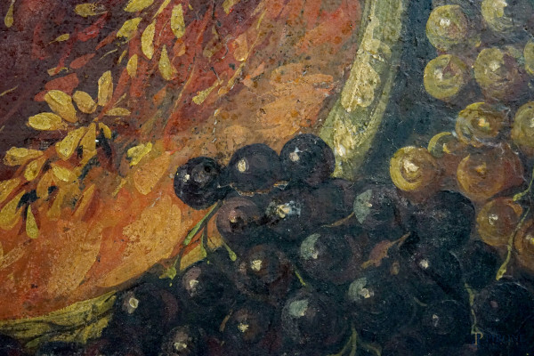 Natura morta con anguria, uva e pesche, olio su cartone, firmato, cm 40x55, entro cornice