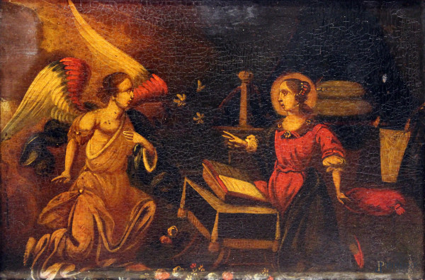 Pittore del XIX sec., Annunciazione, olio su tavola, cm 24x32, entro cornice.