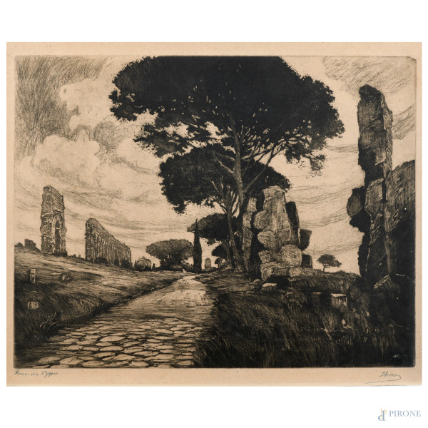 Ernesto Havas, Roma: Via Appia, acquaforte, cm 43x51, firmato in basso a destra
