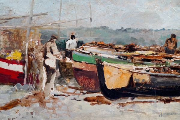 Ezelino Briante (1901-1971), Scorcio con imbarcazioni e figure, olio su cartone, cm 34,5x49,5, fi...