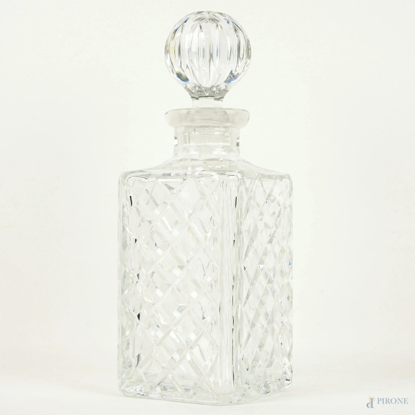 Bottiglia da liquore in cristallo controtagliato, cm h 27,5, XX secolo