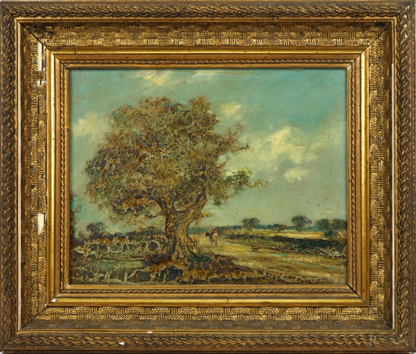 Paesaggio con quercia, olio su masonite, cm 23x28, XX secolo, entro cornice.