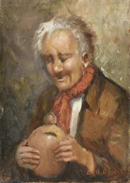 Risparmi, XX secolo, olio su tela, cm 25,5x18, firmato in basso a destra, (lievi segni di usura)