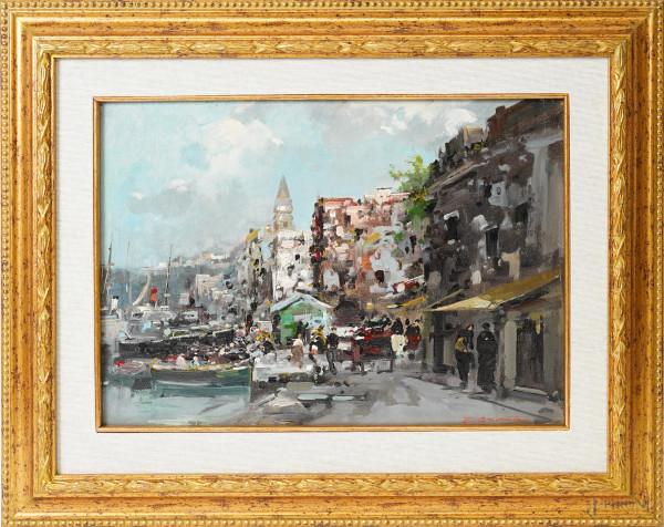 Ezelino Briante - Porticciolo a Capri, 1945-1950, olio su tela, cm 25,5x37, entro cornice