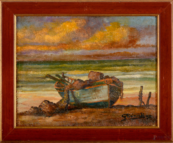 Barca sulla spiaggia al tramonto, olio su tela applicata su tavoletta, cm 24x30, firmato e datato in basso a destra