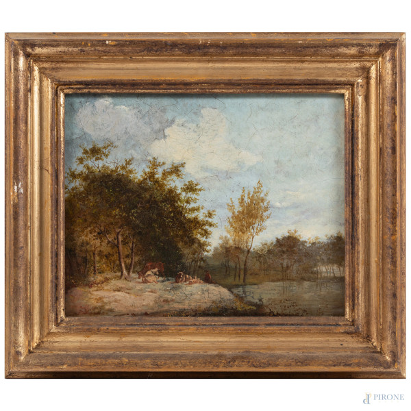 Armenti lungo il fiume, XIX-XX secolo, olio su tavoletta, cm 21,5x26,5, entro cornice, (supporto lievemente imbarcato, craquelure)