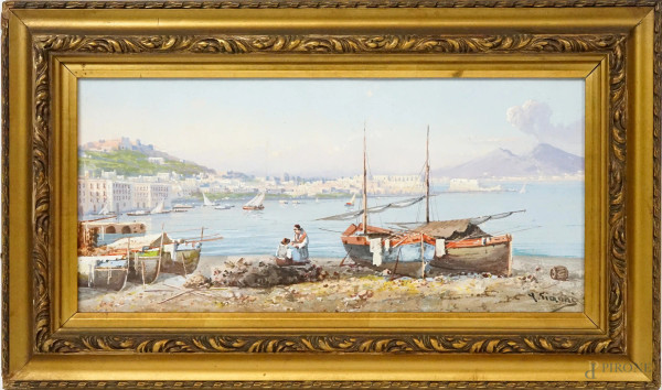 Golfo di Napoli, gouache su carta, cm 20x43, firmato Y.Gianni, entro cornice.