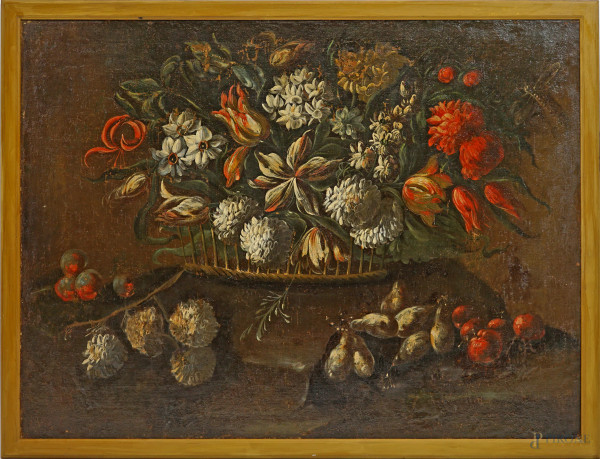 Scuola francese del XVIII-XIX secolo, Natura morta con cesta di fiori e frutta, olio su tela, cm 75x100, entro cornice