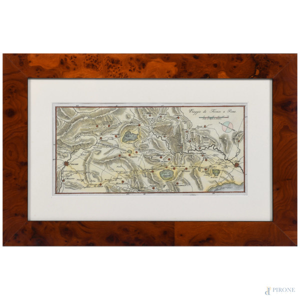 Viaggio da Firenze a Roma, stampa cartografica, XX secolo,   cm 22x38 compreso passepartout, (umidità, foxing, gore, piegature)