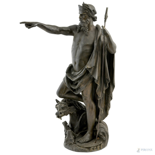 Gustave Trouillard (XIX-XX secolo), Nettuno, scultura in bronzo, altezza cm 65, firmato alla base "Trouillard", (difetti, segni di usura)