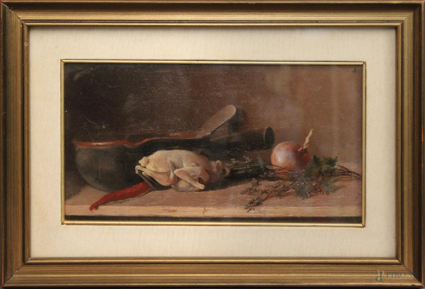 Natura morta, Tavola imbandita, olio su tavola, cm 18 x 33, entro cornice.