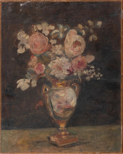 Vaso di fiori, XX secolo, olio su tela, cm 41x33, (segni di usura, abrasioni, sollevamenti di colore)