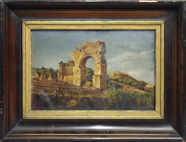 Paesaggio con figure e rovine, dipinto ad olio su tavola, cm 19 x 30, firmato, entro cornice.