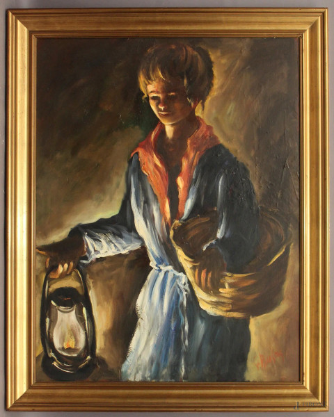 Donna con lume, olio su tela, cm 90 x 70, firmato, entro cornice.