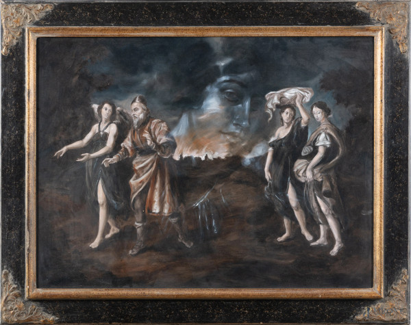 Scena biblica, XX secolo, olio su tela, cm 60x80, entro cornice, ( segni di usura)
