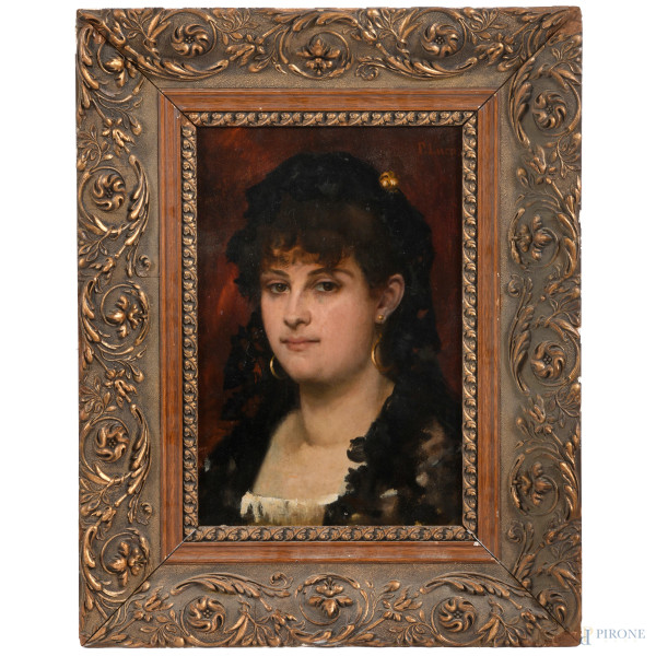 Ritratto di ragazza, XIX-XX secolo, olio su tavola, cm 36,5x26, firmato, entro cornice