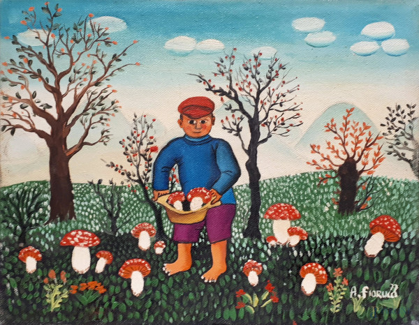 Artista Naif del Novecento, La raccolta dei funghi, olio su tela, cm 24x30
