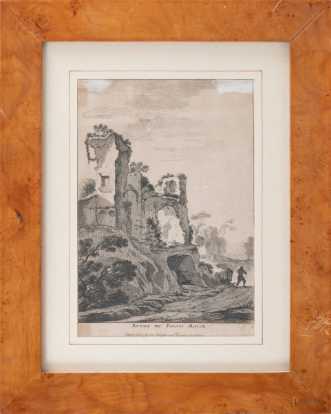 Stampa raffigurante rovine del Palazzo Maggiore, XIX secolo, cm 34x26 compreso passepartout, entro cornice, (tracce di piegatura, tracce di umidità, foxing, gore, restauri, difetti)