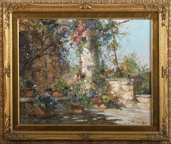 Terrazzo fiorito, XX secolo, olio su tela, cm 40x50, firmato in basso a destra, firmato e titolato al retro, entro cornice