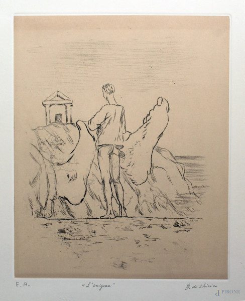 Giorgio De Chirico - L'Enigma, prova d'autore, 70x50 cm