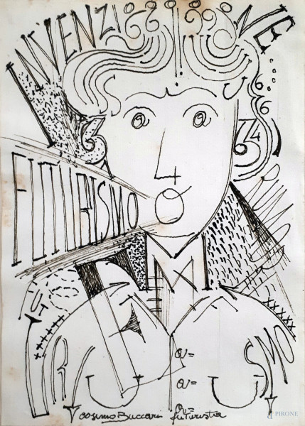 Artista futurista del Novecento, Figura con parole in libertà, tecnica mista su carta del Maestro Cosimo Buccari, cm 20x14,5, firmato Cosimo Buccari Futurista in basso al centro