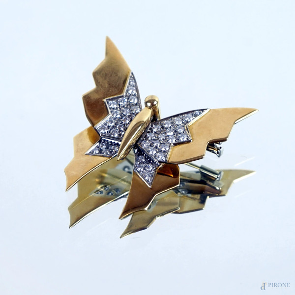 Spilla a farfalla in oro 18 KT con brillantini, manifattura attribuita a Pomellato, gr.25,3