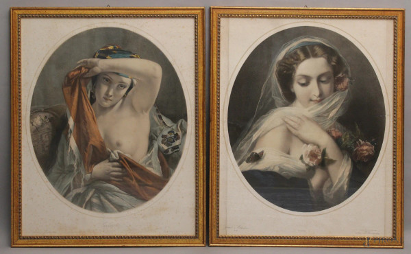 Coppia di stampe acquarellate raffiguranti donne, cm 53x45, Francia, XIX sec., entro cornici.