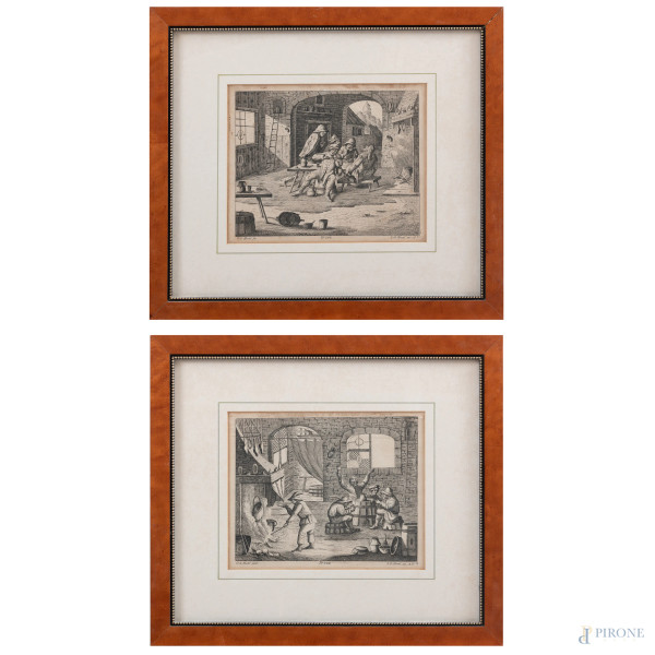 Coppia di incisioni raffiguranti scene di taverna, XIX secolo, cm 32,5x38 compreso passepartout, entro cornice, (segni di usura, bruniture, ondulazione ella carta, tracce di umidità)