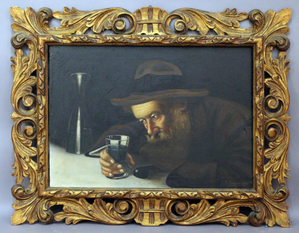 Anziano con bicchiere di vino, olio su tela, cm. 50x70, firmato entro cornice.
